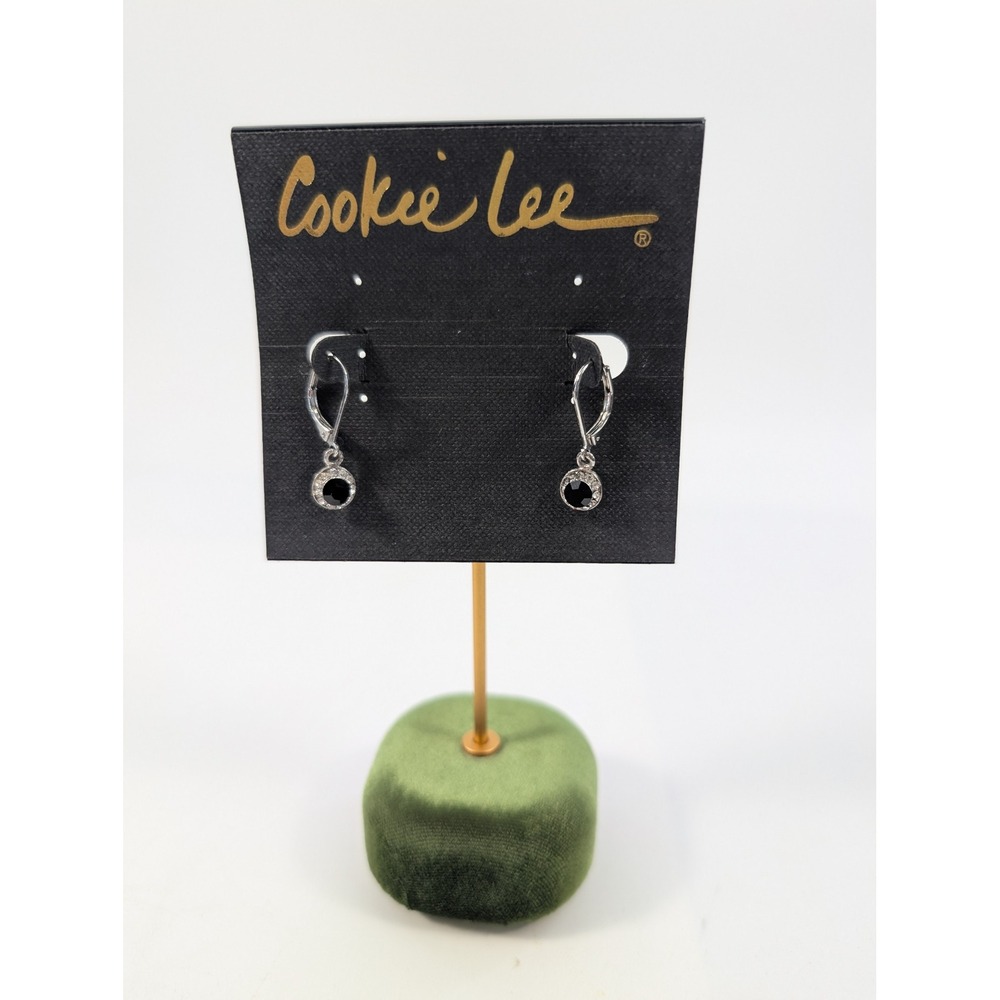 Cookie Lee Silver Tone Black Crystal‎ Halo Leverback Dangle Earrings - New